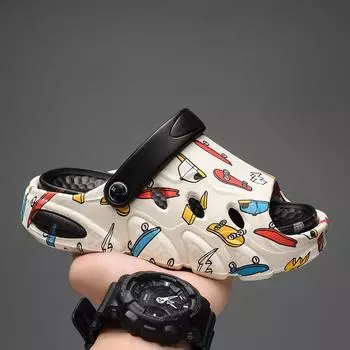 Летние сандалии для мальчиков с нескользящей мягкой подошвой и рисунком в виде мультфильмов: Детские тапочки для улицы с двумя петлями Size 27 (164mm) белый/зелёный