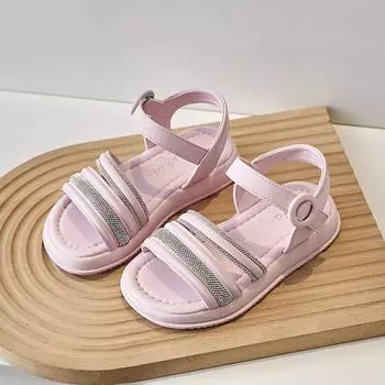 Летние сандалии для маленьких девочек 2024 года, новые римские сандалии для девочек, модная универсальная детская простая пляжная обувь со стразами для отпуска 26 бежевый