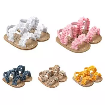 Летние сандалии для маленьких девочек, хлопковая обувь для новорожденных девочек, нескользящие первые ходунки на мягкой подошве на плоской подошве для младенцев 11