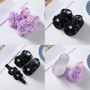 Летние сандалии для маленьких девочек, обувь для кроватки для новорожденных, украшенная цветами и искусственными кристаллами, с повязкой на голову, сандалии для новорожденных 11