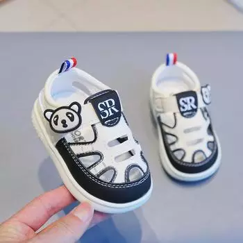 Летние сандалии для маленьких мальчиков и девочек, детская повседневная обувь, детские пляжные сандалии с рисунком медведя и панды, легкая обувь для малышей на мягкой подошве 16 чёрный
