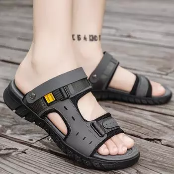 Летние сандалии для мужчин, повседневные уличные тапочки, кожаный верх, нескользящая дышащая римская обувь, пляжные тапочки для мужчин 38 бежевый