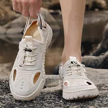 Летние сандалии для отдыха на природе, мужские, новый стиль, кожаный носок, сандалии для отдыха и спорта, полые, пляжная обувь, мужская обувь из сетки ручной работы 38