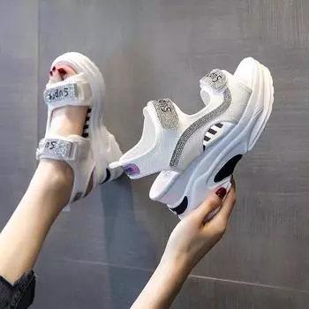 Летние сандалии для женщин 2024 года, увеличивающие рост, босоножки на танкетке с платформой «рыбий рот», римская обувь, повседневные кроссовки из искусственной кожи Zapatos 35 чёрный