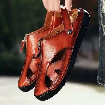 Летние сандалии из натуральной кожи для мужчин, дышащие, для спорта на открытом воздухе и повседневные, сандалии с закрытым носком, нескользящая пляжная обувь на платформе 38 синий