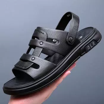 Летние сандалии из натуральной кожи, мужская пляжная обувь, повседневная праздничная обувь, на толстой подошве, удобные дышащие нескользящие гладиаторские тапочки 38 чёрный