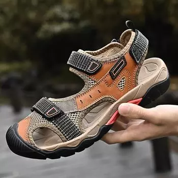 Летние сандалии из натуральной кожи, мужские новые сандалии для вождения, отдыха, спорта, нескользящие, на липучках, пляжная обувь 38 чёрный