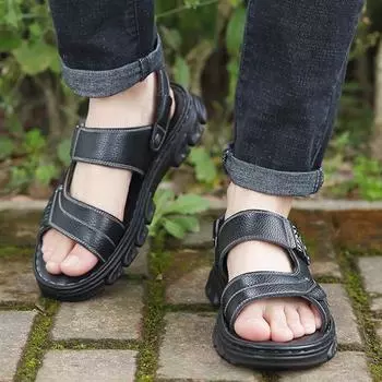 Летние сандалии, кожаные уличные мужские пляжные туфли, роскошные дышащие повседневные сандалии, мужские забродные туфли, нескользящие тапочки с широкой подкладкой 38 чёрный