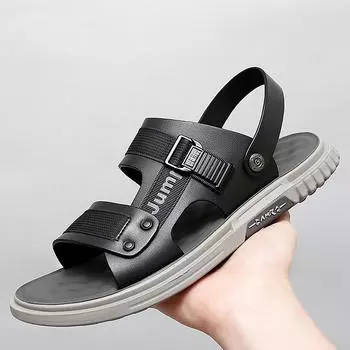 Летние сандалии Мужская пляжная обувь Тапочки из коровьей кожи Уличные нескользящие сандалии из кожи с толстой подошвой для мужчин Повседневная обувь Sandalias 38 чёрный