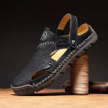 Летние сандалии мужские кожаные классические римские сандалии 2024 тапочки уличные кроссовки пляжные резиновые мужские водные походные сандалии 38 чёрный
