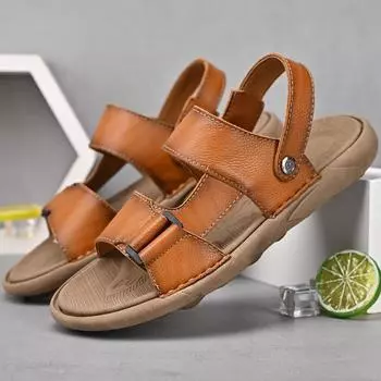 Летние сандалии мужские кожаные повседневные сандалии нескользящая мягкая подошва пляжная обувь два износа 38 чёрный