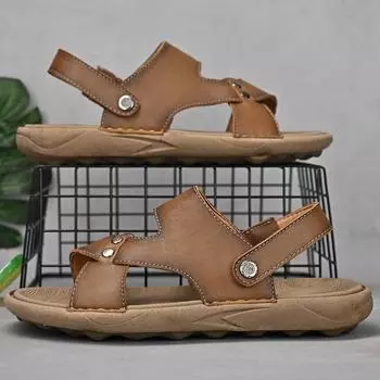 Летние сандалии мужские кожаные повседневные сандалии нескользящая мягкая подошва пляжная обувь два износа 38 чёрный