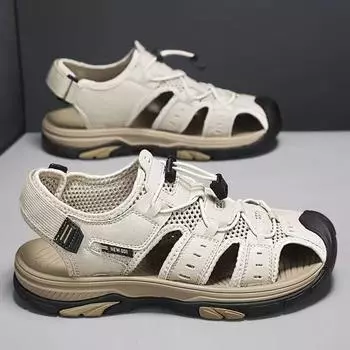 Летние сандалии мужские кожаные сумка голова дышащая пляжная обувь спортивная и обувь для отдыха большой размер 38