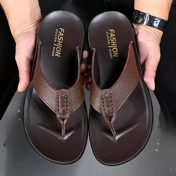 Летние сандалии мужские шлепанцы повседневная пляжная обувь кожаные дышащие домашние нескользящие тапочки 38 коричневый