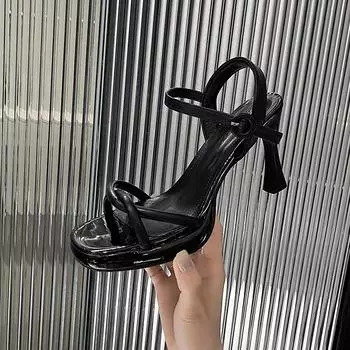 Летние сандалии на низком каблуке, женский кожаный костюм, женская бежевая женская обувь, черные удобные туфли на высоком каблуке на низком каблуке, новые туфли на шпильке для девочек Fas 35