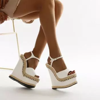 Летние сандалии на плетеном каблуке с покатым каблуком, удобные женские туфли, модные босоножки на платформе и платформе с пряжкой, максимальный размер 42 35 белый