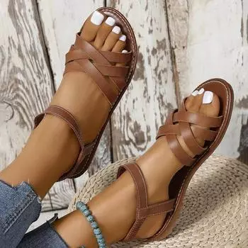 Летние сандалии на плоской подошве для женщин, повседневные пляжные тапочки, женские кожаные сандалии-гладиаторы с ремешком 36