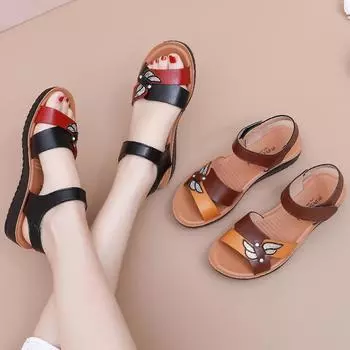 Летние сандалии на плоской подошве с круглым носком для женщин среднего и пожилого возраста. Повседневные сандалии для мам с мягкой нескользящей подошвой. Удобные туфли на липучках с открытым носком для бабушек. 35