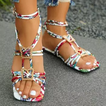 Летние сандалии на плоской подошве с ремешком на щиколотке, женские гладиаторские туфли с квадратным носком и перекрестной завязкой, женские нескользящие пляжные сандалии с принтом, Sandalias Mujer 37