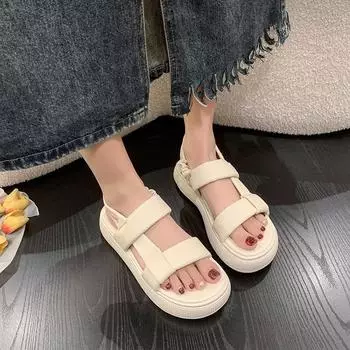 Летние сандалии на плоской подошве с толстой подошвой, корейские повседневные сандалии с круглым носком и липучкой, женские туфли-хлеб для женщин 35 белый
