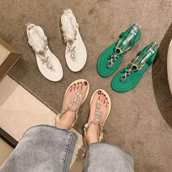 Летние сандалии на плоской подошве, женские тапочки с кристаллами и клипсами, трендовая женская обувь класса люкс, пляжные повседневные шлепанцы 40 бежевый