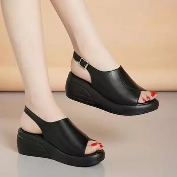 Летние сандалии на танкетке, модная пляжная обувь в стиле ретро, женская повседневная обувь с открытым носком, мягкие удобные сандалии De Mujer 35 чёрный