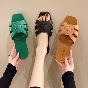 Летние сандалии, повседневная верхняя одежда, женские тканые пляжные тапочки с плоским дном и квадратным носком 35 белый