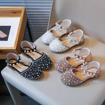 Летние сандалии принцессы на плоской подошве для девочек, простые детские туфли в стиле ретро со стразами и жемчугом, детская обувь, сандалии для вечеринок, свадебных торжеств 24