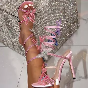 Летние сандалии с бабочкой и спиральным ремешком на щиколотке для женщин, сексуальные босоножки на тонком высоком каблуке для стриптиза 36