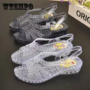 Летние сандалии с кристаллами. Прозрачные пластиковые сандалии на толстом каблуке. Женская нескользящая пляжная обувь на танкетке. 41 чёрный