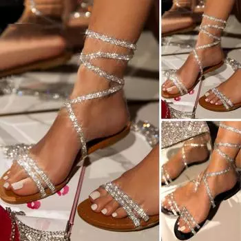 Летние сандалии со стразами и ремешками на щиколотке, блестящая обувь на плоской подошве со стразами, пляжная обувь 35 чёрный