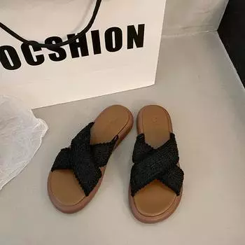 Летние сандалии в этническом стиле, ретро плетеный крест-дизайн, богемный стиль, студенческие римские сандалии на толстой подошве 35 чёрный