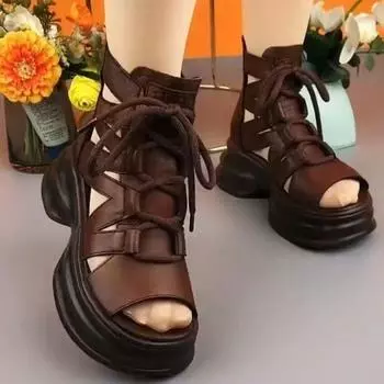 Летние сандалии в стиле ретро с открытым носком, на шнуровке, на плоской подошве, с высоким верхом, женские повседневные римские туфли 35 чёрный
