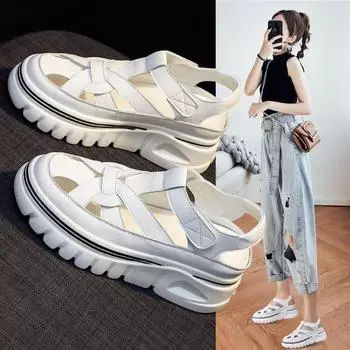 Летние сандалии Женские кожаные повседневные туфли Сандалии на липучках 34 чёрный