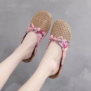 Летние сандалии, женские льняные тапочки, домашние нескользящие полы для домашнего использования, плоские тапочки, повседневные шлепанцы, льняные женские сандалии с цветочным бантом, домашняя обувь 35-36 белый