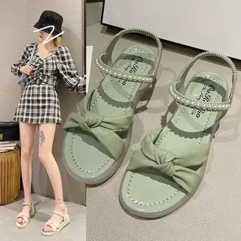 Летние сандалии женские с бантом модные элегантные жемчужные дышащие римские туфли с открытым носком для отдыха на открытом воздухе повседневные плоские женские туфли 35 зелёный