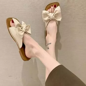 Летние сандалии женские с бантом мягкие плоские сандалии с мягкой подошвой в одну линию для внешней носки модные сандалии с квадратной головкой 2024 35 бежевый