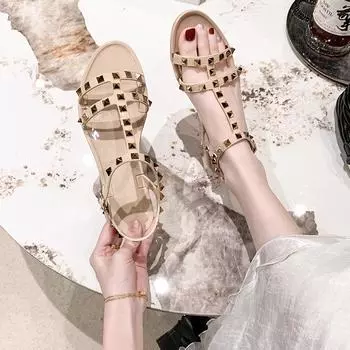 Летние сандалии женские с заклепками черные белые туфли Sandalias Mujer Verano Сандалии женские туфли шлепанцы Sapatos Femininos 36