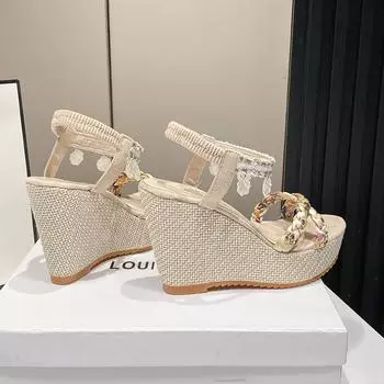 Летние сандалии Женские танкетки с открытым носком эластичные высокие каблуки На все случаи жизни сказочные сандалии 35