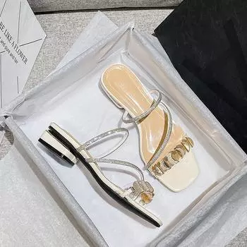 Летние сандалии, женские туфли на низком каблуке со стразами, черные корейские модные тапочки на высоком каблуке, большая обувь для девочек, бесплатная доставка 43 слоновая кость