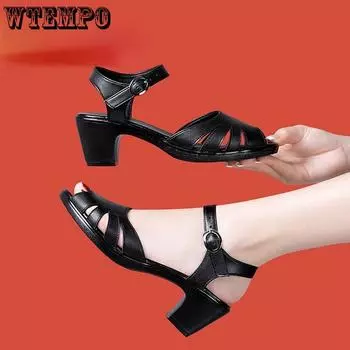 Летние сандалии, женские туфли с открытым носком, черные кожаные туфли на толстом каблуке и высоком каблуке, удобная повседневная обувь на мягкой подошве 35 чёрный