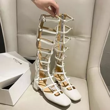 Летние сапоги женские 2024 года, новые модные темпераментные высокие сапоги на квадратном каблуке, модные сапоги в стиле римских рыцарей 35 чёрный