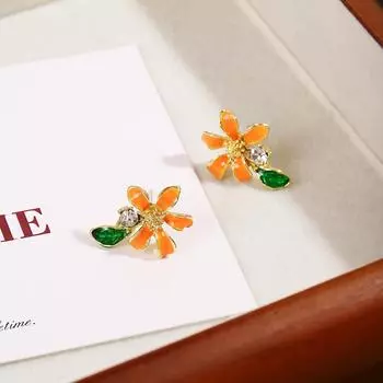 Летние серьги-пусеты «Серебряная игла» с оранжевыми цветами и стразами для женщин
