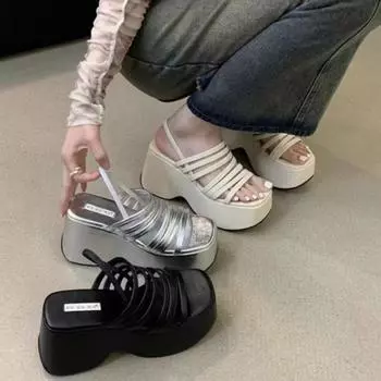 Летние серебристые босоножки на танкетке, женские туфли на платформе, черные туфли на высоком каблуке, гладиаторские туфли на толстом каблуке 39EU/CN40 чёрный