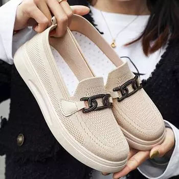 Летние сетчатые кроссовки, женские модные дышащие лоферы, женские легкие туфли без шнуровки на плоской подошве, женские повседневные вулканизированные кроссовки 40 бежевый