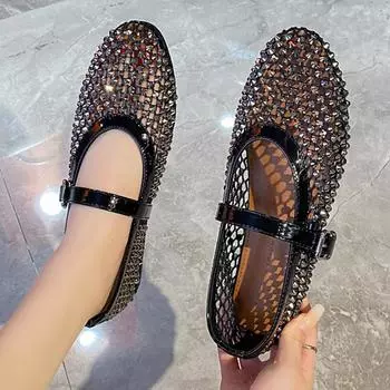 Летние сетчатые полые сандалии женские неглубокие 2024 новые модные пляжные туфли удобные ретро сексуальные туфли на плоской подошве для женщин Zapatos De Mujer 35 чёрный