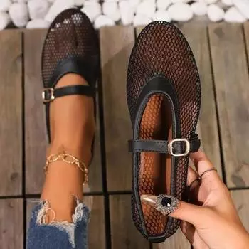 Летние сетчатые полые сандалии, женские туфли на плоской подошве, новинка 2024 года, пляжная обувь с пряжкой, удобная женская обувь на плоской подошве в стиле ретро 36