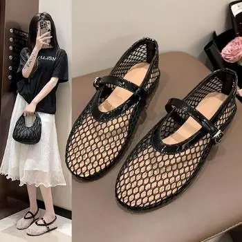 Летние сетчатые полые сандалии, женские туфли на плоской подошве, неглубокие лоферы, новинка 2024 года, дизайнерская обувь для пляжной ходьбы, удобная женская обувь в стиле ретро, Zapatillas 35 чёрный