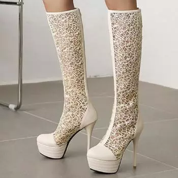 Летние сетчатые сапоги до колена для женщин на платформе с высоким каблуком, длинные сапоги, женские сексуальные черные белые кружевные туфли на молнии для вечеринок, новые 34 бежевый
