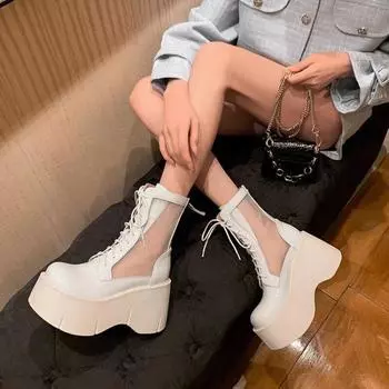 Летние сетчатые сапоги женские толстые подошвы челси прохладные сапоги полые кружева короткие бочонки сетчатые сапоги высокие каблуки женская обувь 35